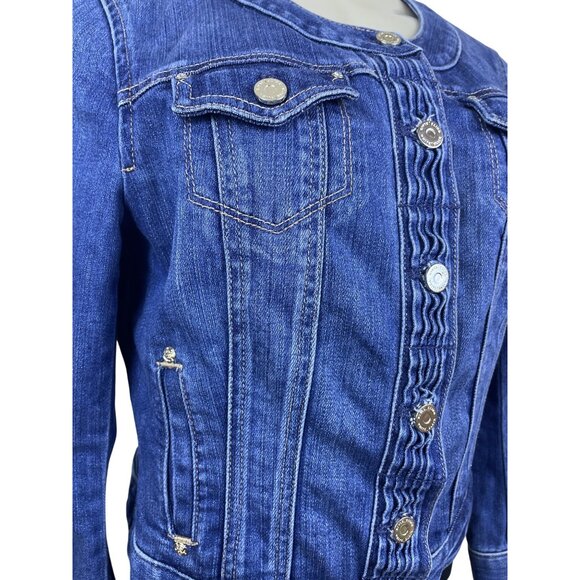 White House Black Market Women’s Blue Denim Button-Front Fitted Jacket Sz 4 - Picture 5 of 9